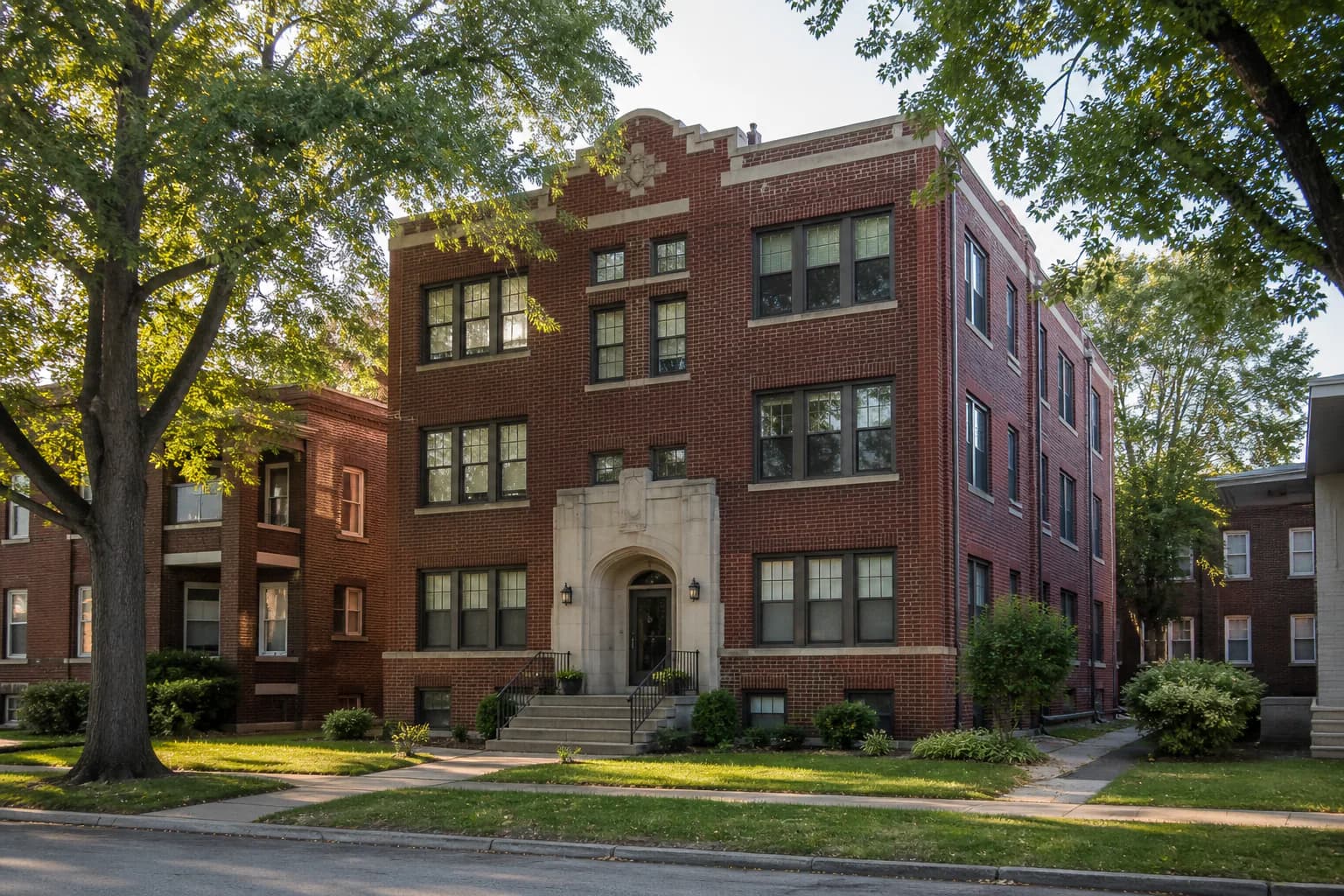 Restored brick Missouri rental building framed by mature trees